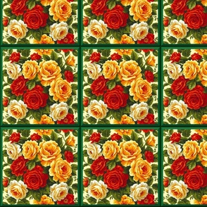 Green Framed Yellow and Red Roses on a Cream Background
