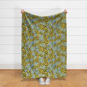 French Country Big Blooms - Soft Blue Flowers On A Yellow Background - Jumbo scale - 24x24 inch