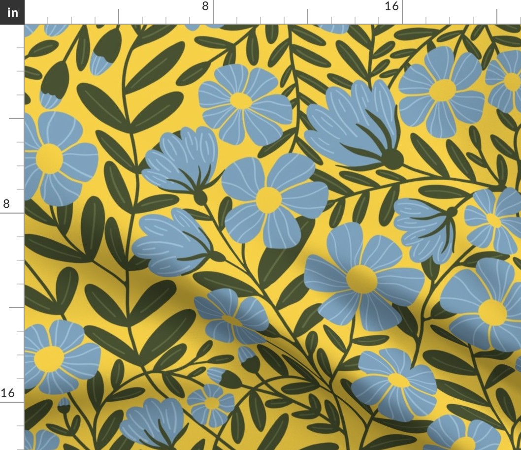 French Country Big Blooms - Soft Blue Flowers On A Yellow Background - Jumbo scale - 24x24 inch