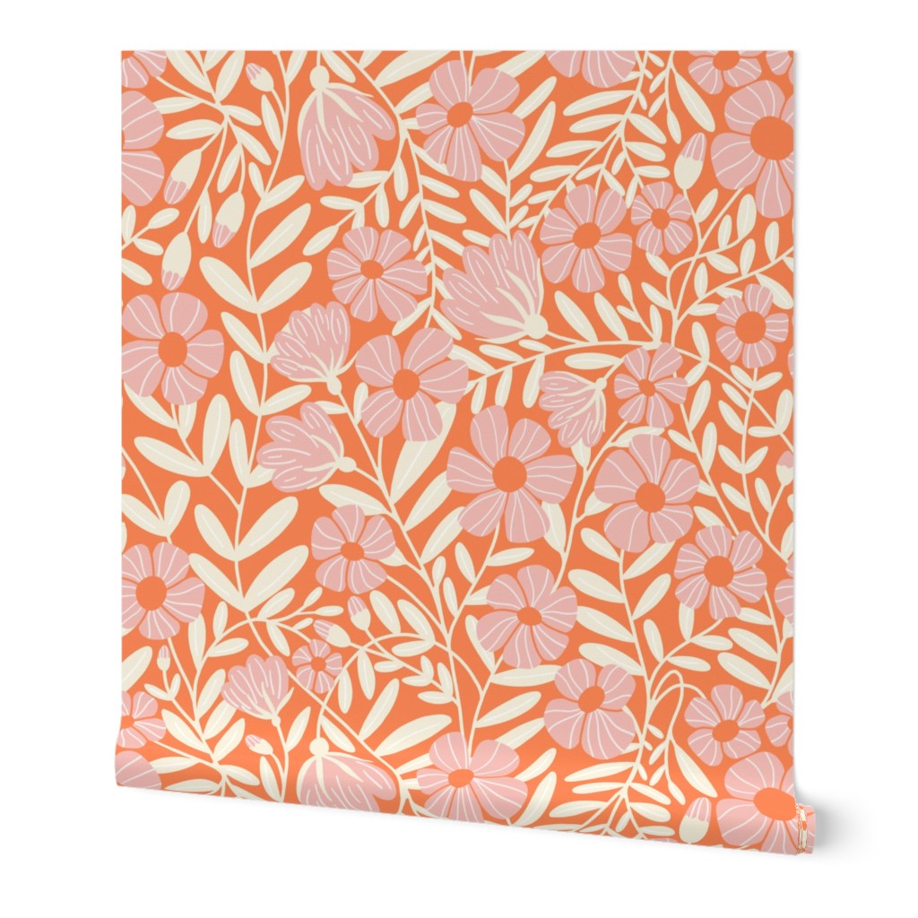 French Country Big Blooms - Soft Pink Flowers and Stems on Orange - Jumbo Scale - 24x24 inch 