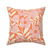 French Country Big Blooms - Soft Pink Flowers and Stems on Orange - Jumbo Scale - 24x24 inch 