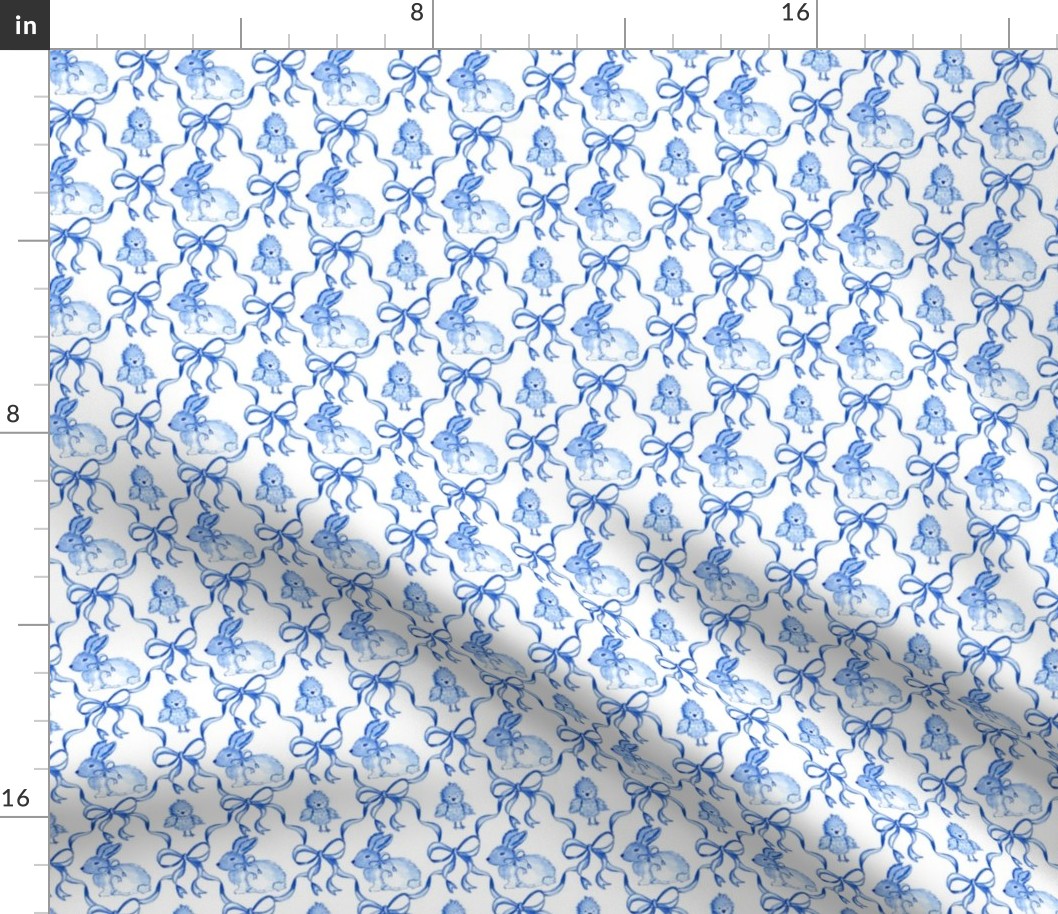 Easter Toile Bow Ribbon Bunny Rabbit Chick Blue Toile Grandmillennial
