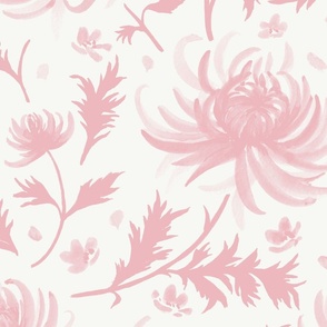 Large Watercolor Monochrome Dulux Ballet Shoe Pink  Chrysanthemums on Dulux Vivid White Background
