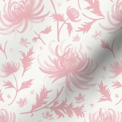 Small Watercolor Monochrome Dulux Ballet Shoe Pink  Chrysanthemums on Dulux Vivid White Background
