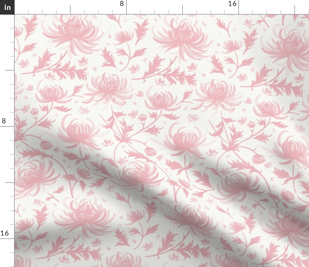 Small Watercolor Monochrome Dulux Ballet Shoe Pink  Chrysanthemums on Dulux Vivid White Background