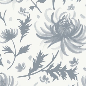 Large Watercolor Monochrome Dulux Aerobus Grey  Chrysanthemums on Dulux Vivid White Background