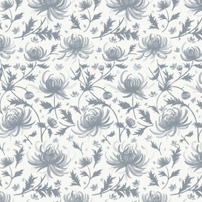 Small Watercolor Monochrome Dulux Aerobus Grey  Chrysanthemums on Dulux Vivid White Background