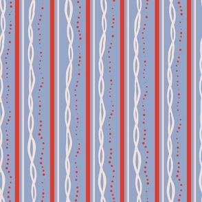 LARGE: Red Straight white wiggly and Curved Lines in Dots & Chains on light blue