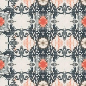 Symmetrical Intricate Art Pattern with Dark Gray Outlines and Orange Peach Highlights