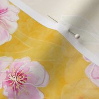 Golden Yellow floral Fabric Print, Pink Flowers Watercolor Illustration