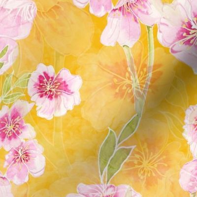 Golden Yellow floral Fabric Print, Pink Flowers Watercolor Illustration