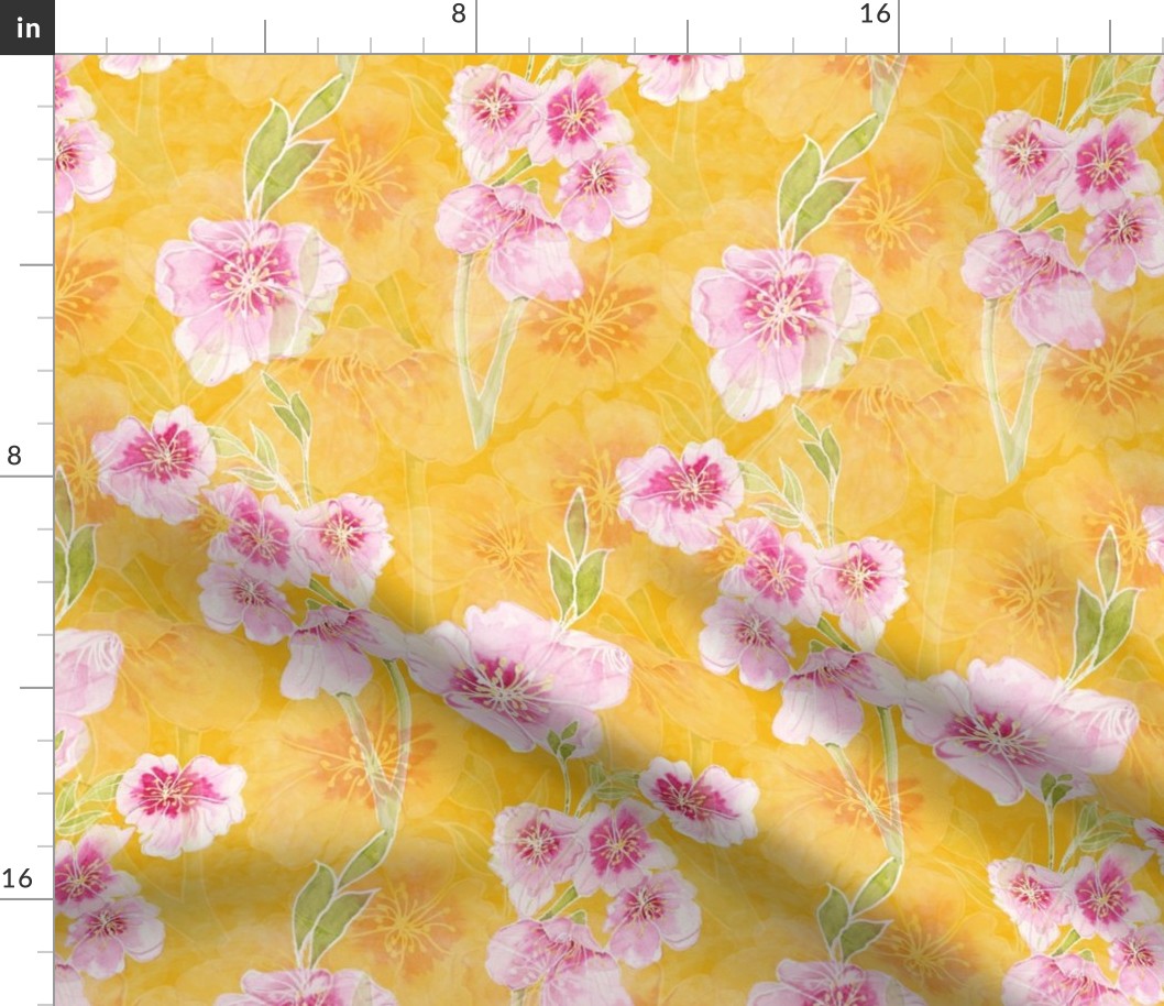 Golden Yellow floral Fabric Print, Pink Flowers Watercolor Illustration