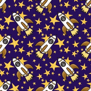 Cats in Space! Rockets and Stars on navy blue