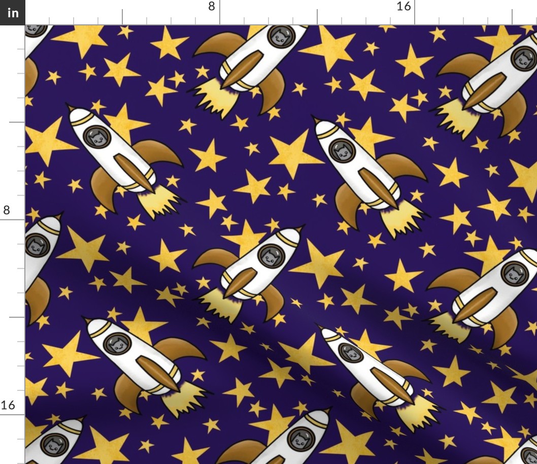 Cats in Space! Rockets and Stars on navy blue