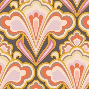 Larger Scale // Classic Decorative Swirls in Faded Coral Red, Pink, Yellow & Dark Gray