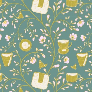 [L] Vintage Floral Tea Picnic - Muted Green #P240121