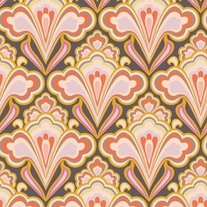 Medium Scale // Classic Decorative Swirls in Faded Coral Red, Pink, Yellow & Dark Gray