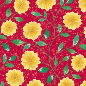 XL-Yellow Floral Vines on Cherry Red