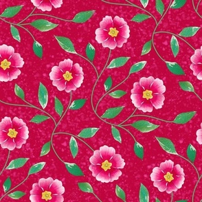 Large-Pink Floral Vines on Cherry Red