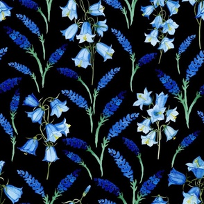 Watercolour bluebells flowers and blue wildflowers, black background. Seamless floral pattern-310.