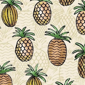 544 - Large scale golden Pineapples with textured outlines with shadow pineapples in background in warm neutral colours - for kitchen wallpaper, tea towels, tropical décor, luau party tablecloths and fun apparel