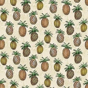 544 - Small  scale golden Pineapples with textured outlines with shadow pineapples in background in warm neutral colours - for kitchen wallpaper, tea towels, tropical décor, luau party tablecloths and fun apparel