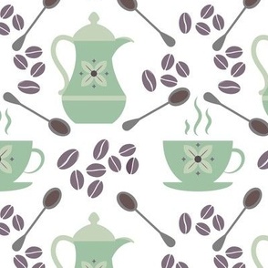 Coffee break pattern: coffee pots, coffee cups, spoons and coffee beans