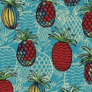 544 - Large scale teal, red and golden yellow Pineapples with exotic fantasy colours  and textured outlines with shadow pineapples in background  - for kitchen wallpaper, tea towels, tropical décor, luau party tablecloths and fun apparel