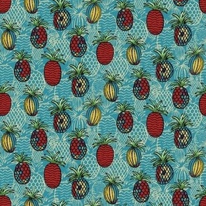 544 - Small scale teal, red and golden yellow Pineapples with exotic fantasy colours  and textured outlines with shadow pineapples in background  - for kitchen wallpaper, tea towels, tropical décor, luau party tablecloths and fun apparel