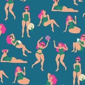 Bathing beauties - hot pink and green on teal, small scale