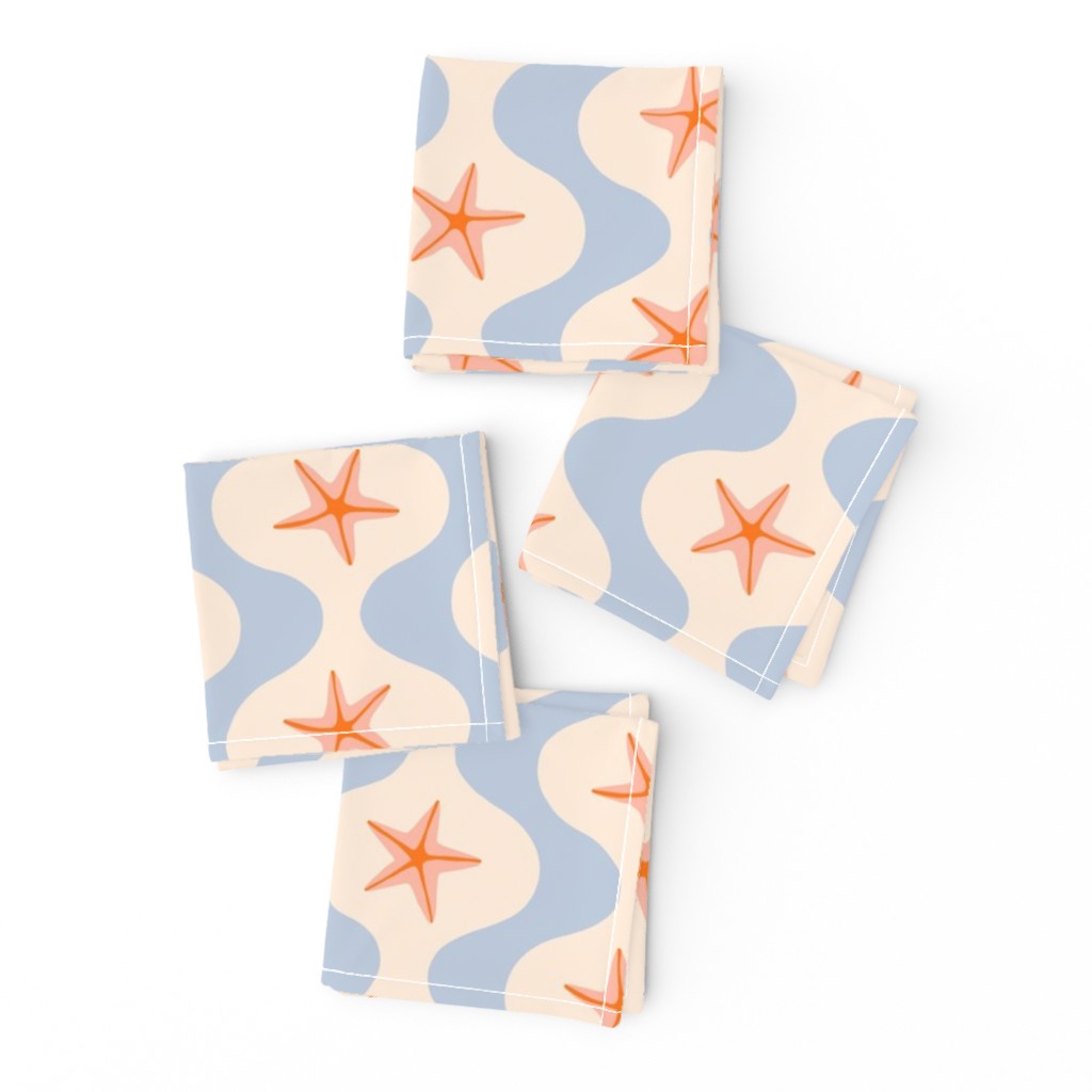 Serene ocean with calm waves and starfish - in hues of peach fuzz and baby blue.