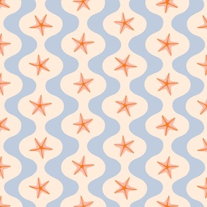 Serene ocean with calm waves and starfish - in hues of peach fuzz and baby blue.