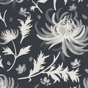 Large Watercolor Monochrome Dulux Limed White Quater Chrysanthemums on Dulux Oolong Dark Grey Background