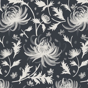 Medium Watercolor Monochrome Dulux Limed White Quater Chrysanthemums on Dulux Oolong Dark Grey Background
