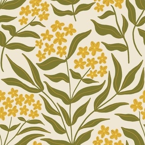 (L) Vintage Phlox - Loose Hand Drawn Flowers - Olive and yellow