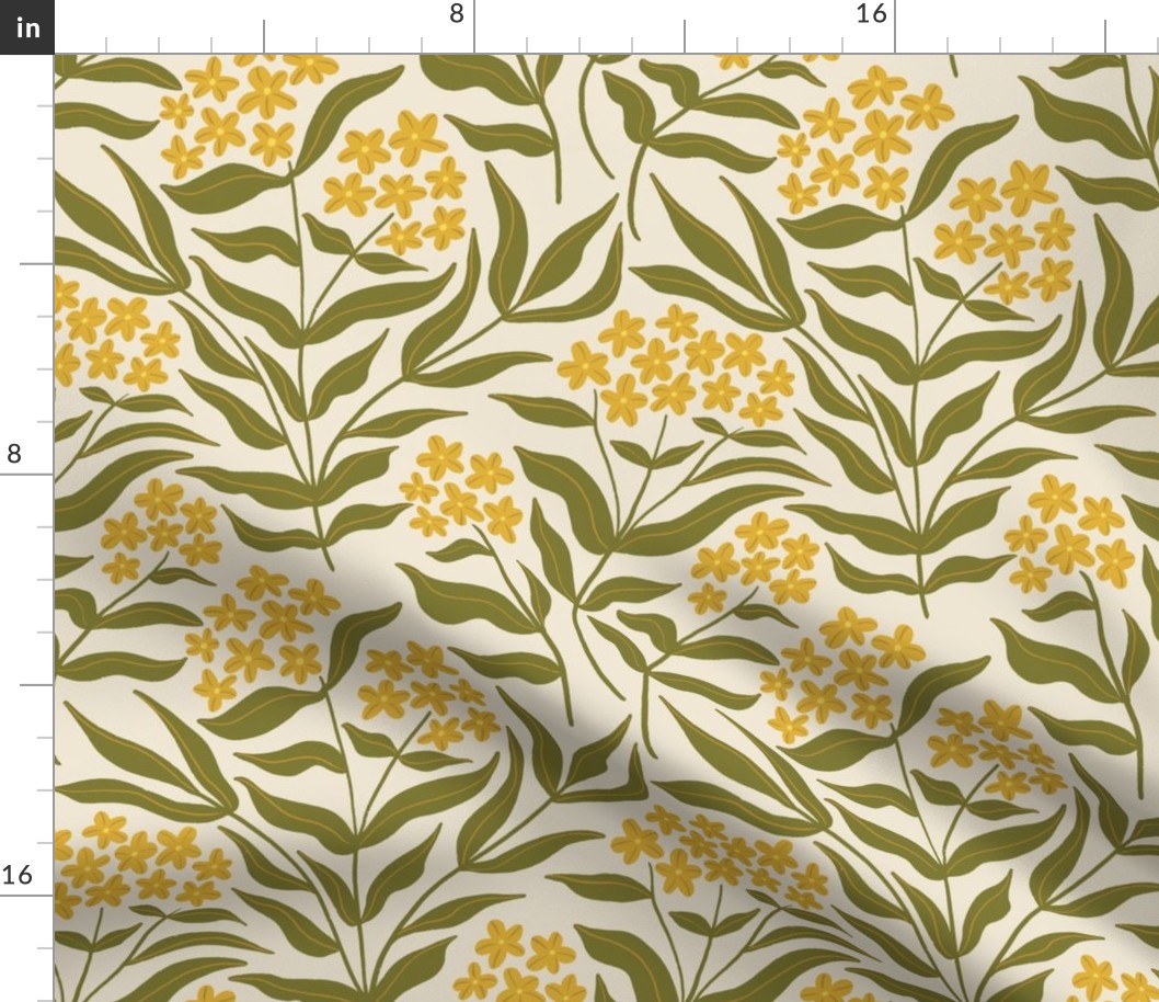 (L) Vintage Phlox - Loose Hand Drawn Flowers - Olive and yellow