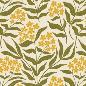 (M) Vintage Phlox - Loose Hand Drawn Flowers - Olive and yellow