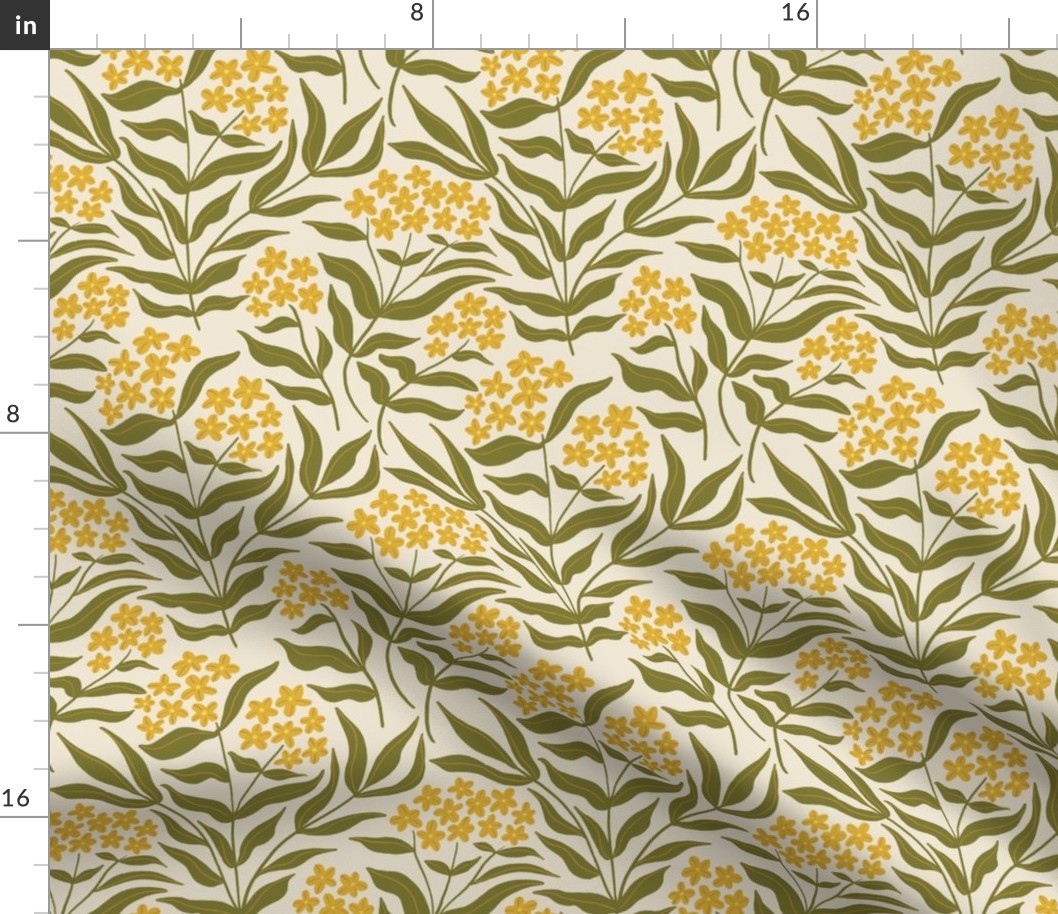 (M) Vintage Phlox - Loose Hand Drawn Flowers - Olive and yellow