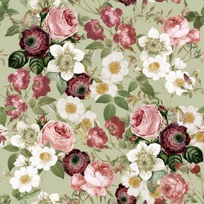 Nostalgic Various Pierre-Joseph Redouté Light Pink Roses, Anemone, Helleborus-  Antique Flower Bouquets  vintage home decor,  English Rose on light Pastel Sweet Mint Tea green