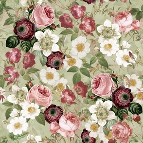 Nostalgic Various Pierre-Joseph Redouté Light Pink Roses, Anemone, Helleborus-  Antique Flower Bouquets  vintage home decor,  English Rose on light Pastel Sweet Mint Tea green double layer