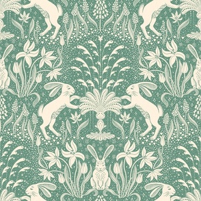 rabbits at the fountain damask /textured/ sage green and vanilla - large scale