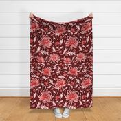 Large Watercolor Monochrome Red  Chrysanthemums on Oxblood Red Background