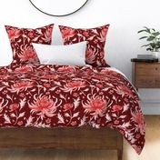 Large Watercolor Monochrome Red  Chrysanthemums on Oxblood Red Background