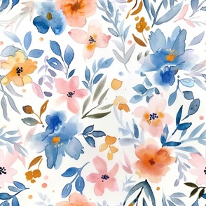 large scale blue and orange watercolour floral 