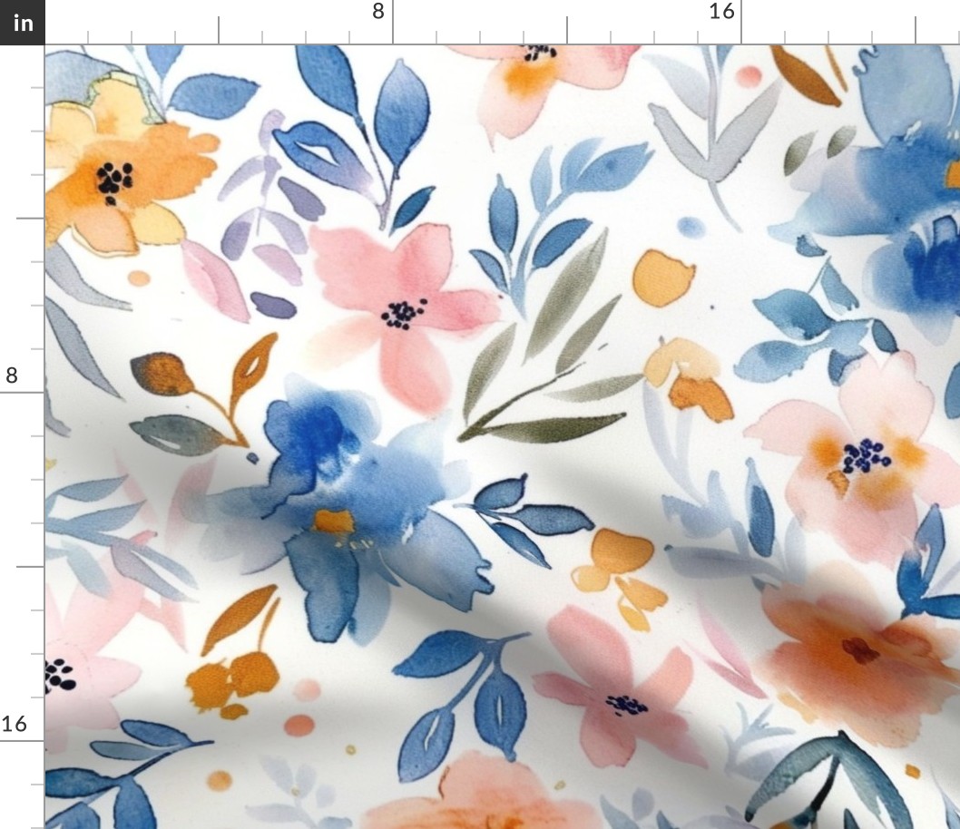 large scale blue and orange watercolour floral 