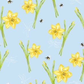 Bees Narcissus Dragonflies on Baby Blue 10.5in x 10.5in