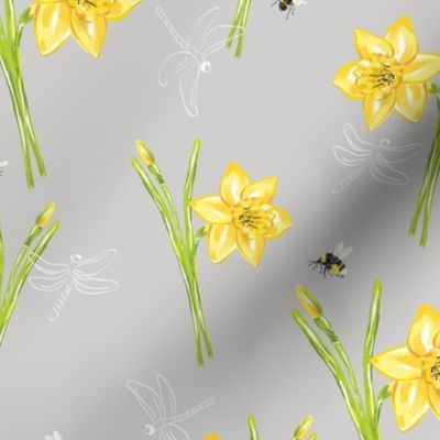 Bees Narcissus Dragonflies on Light Cool Grey 10.5in x 10.5in