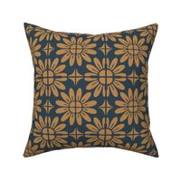 Sunflower Floral Textile Block Print | Small Scale | Navy Blue, Vintage Gold | multidirectional boho geometric tile