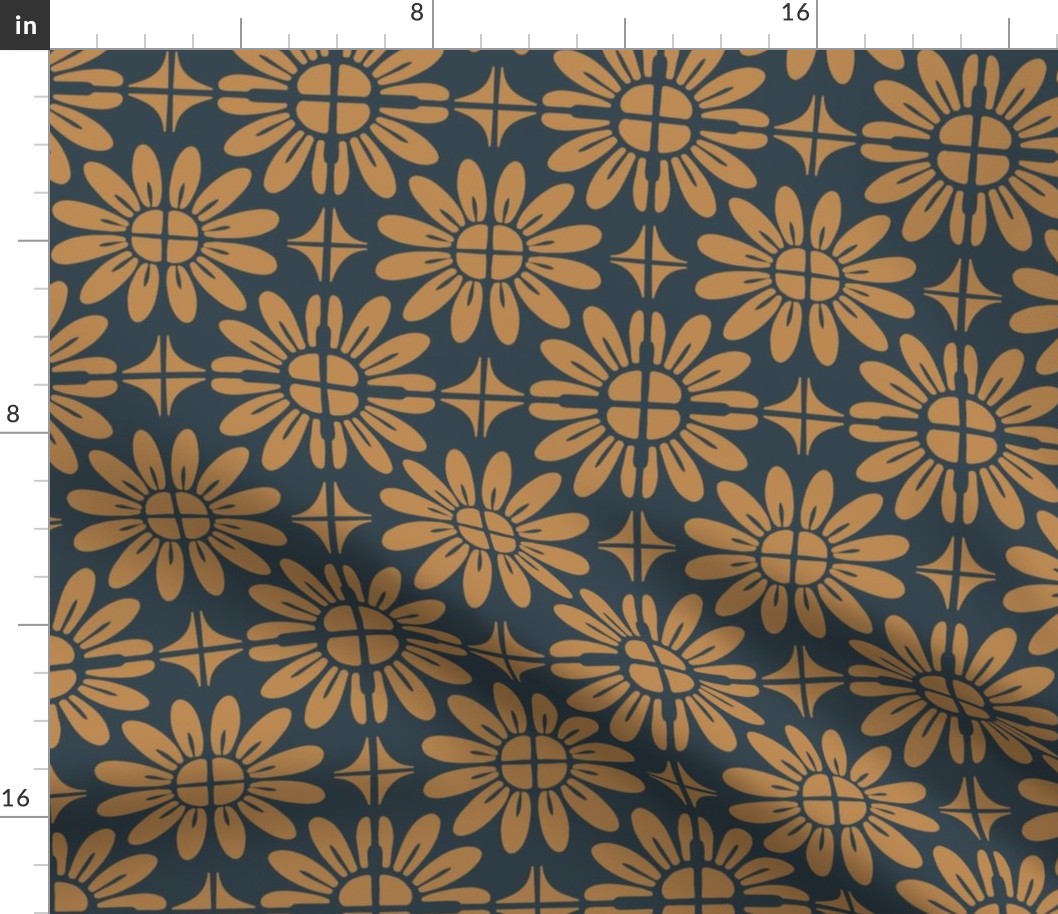 Sunflower Floral Textile Block Print | Small Scale | Navy Blue, Vintage Gold | multidirectional boho geometric tile