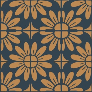 Sunflower Floral Textile Block Print | Medium Scale | Navy Blue, Vintage Gold | multidirectional boho geometric tile